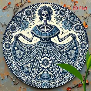 Aluminum Candy Skull Wall Garland - 8x8 Inch Round Decoration with Vibrant Flowers and Skulls for Indoor Outdoor Home Porch Window Mexican Day Celebrations