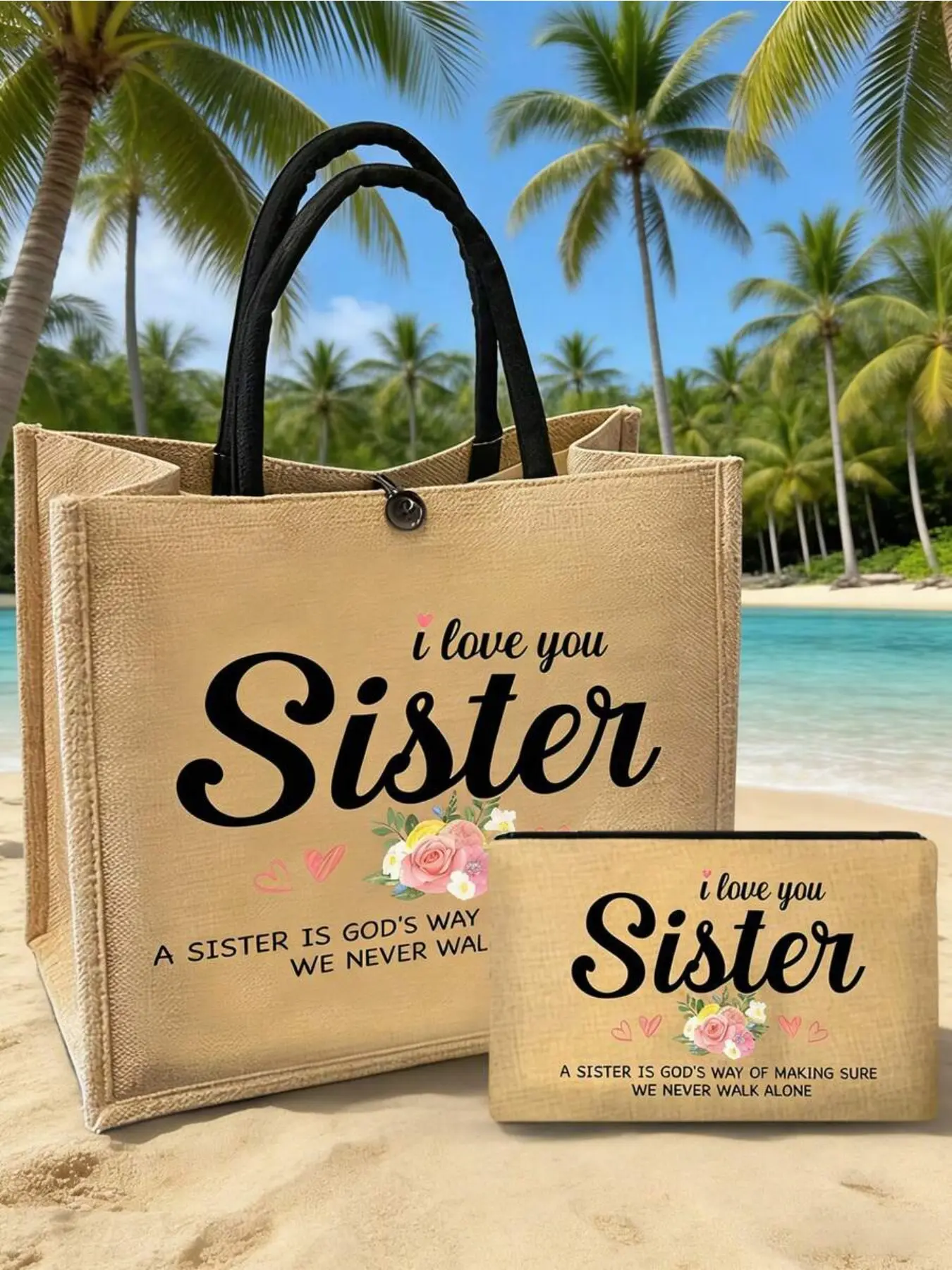 I love your sister "yellow linen canvas bag and matching cosmetic bag set, simple Jesus letter printed linen handbag, sisters gift, reusable printed linen shopping bag, Casual shopping bag, lightweight foldable storage bag Reusable Bags