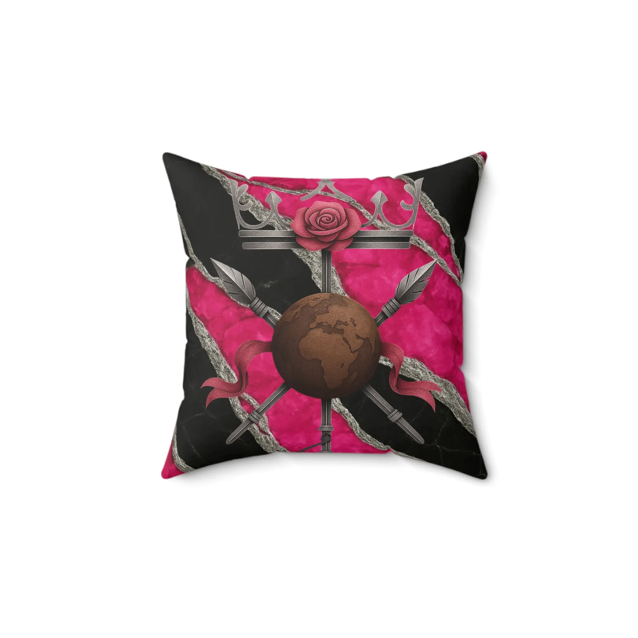 Blossoming Guard Emblem Square Pillow, Pink Silver & Black Marble Cushion, Brown and Brilliant Fantasy Home Décor Accent