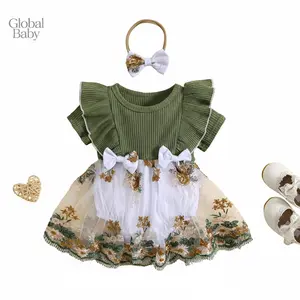 Global Baby Newborn baby short sleeved floral group girl summer retro suspender dress Infant Baby Girls Romper Dress Flower Embroidery Knit Rib Ruffles Crew Neck Jumpsuits Summer