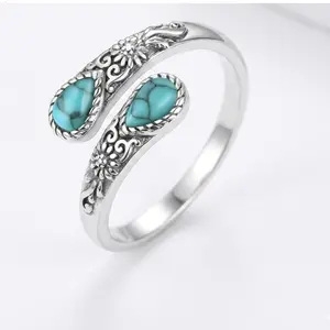 Retro Boho Daisy Flower Adjustable Ring with Turquoise Waterdrop Inlay Hypoallergenic Vintage Bohemian Gothic Style Gift for Women outdoorfun