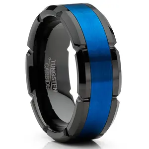 Mens Tungsten Ring Grooved Wedding Band Black Blue Comfort-fit 8MM