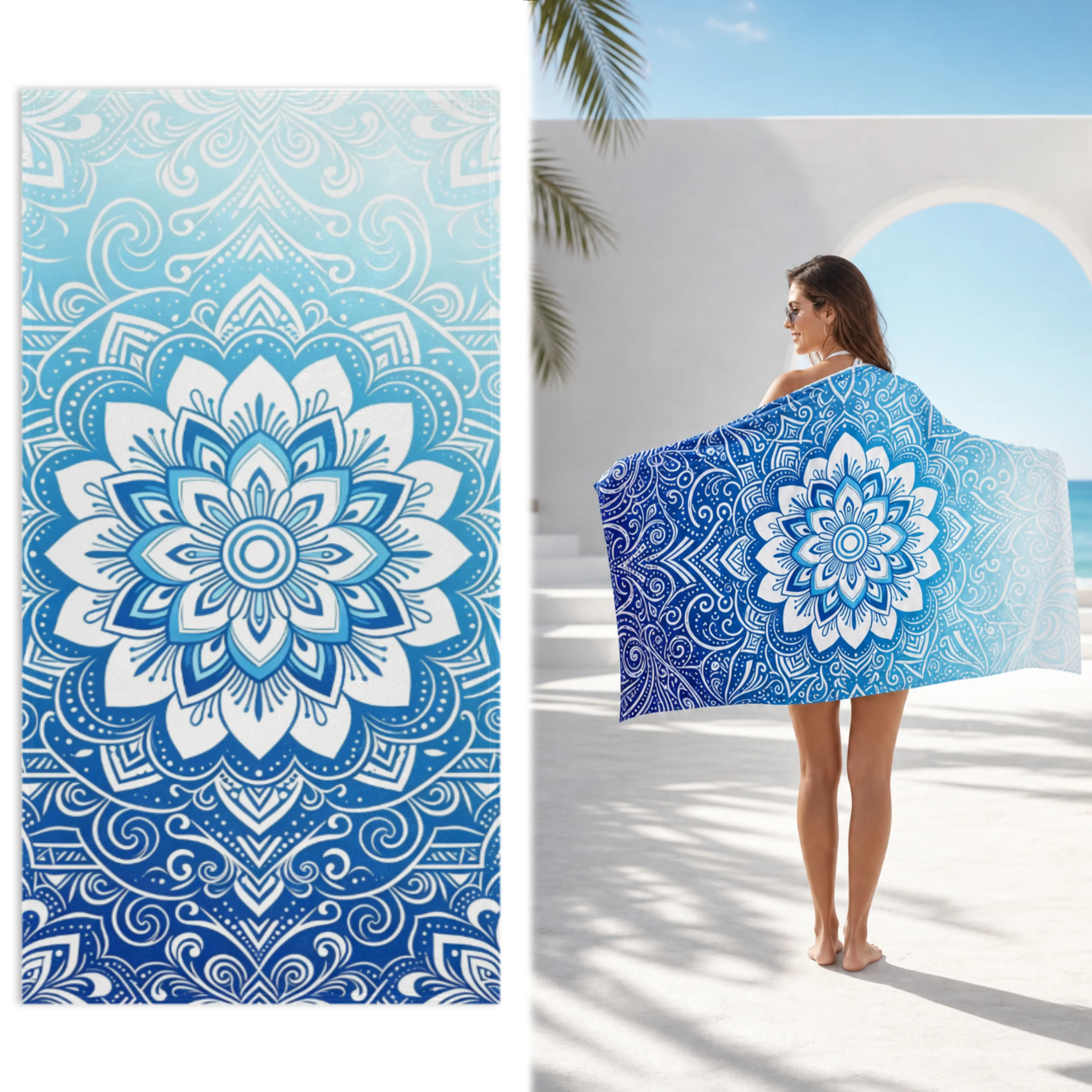 Blue Gradient Mandala Multi-purpose Picnic Mat — Doubles as a beach towel, beach mat, or picnic blanket; features quick-drying, sand-resistant microfiber material; ideal for the beach, pool, travel, and summer vacations; Dimensions: 30" x 60".