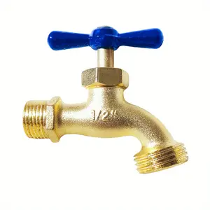 Classic Brass Outdoor Garden Faucet with Blue Handle - 1/2" Diameter, Easy Installation, Durable Zinc Alloy for Lawn Care & Watering Systems, Watering Wand for Garden