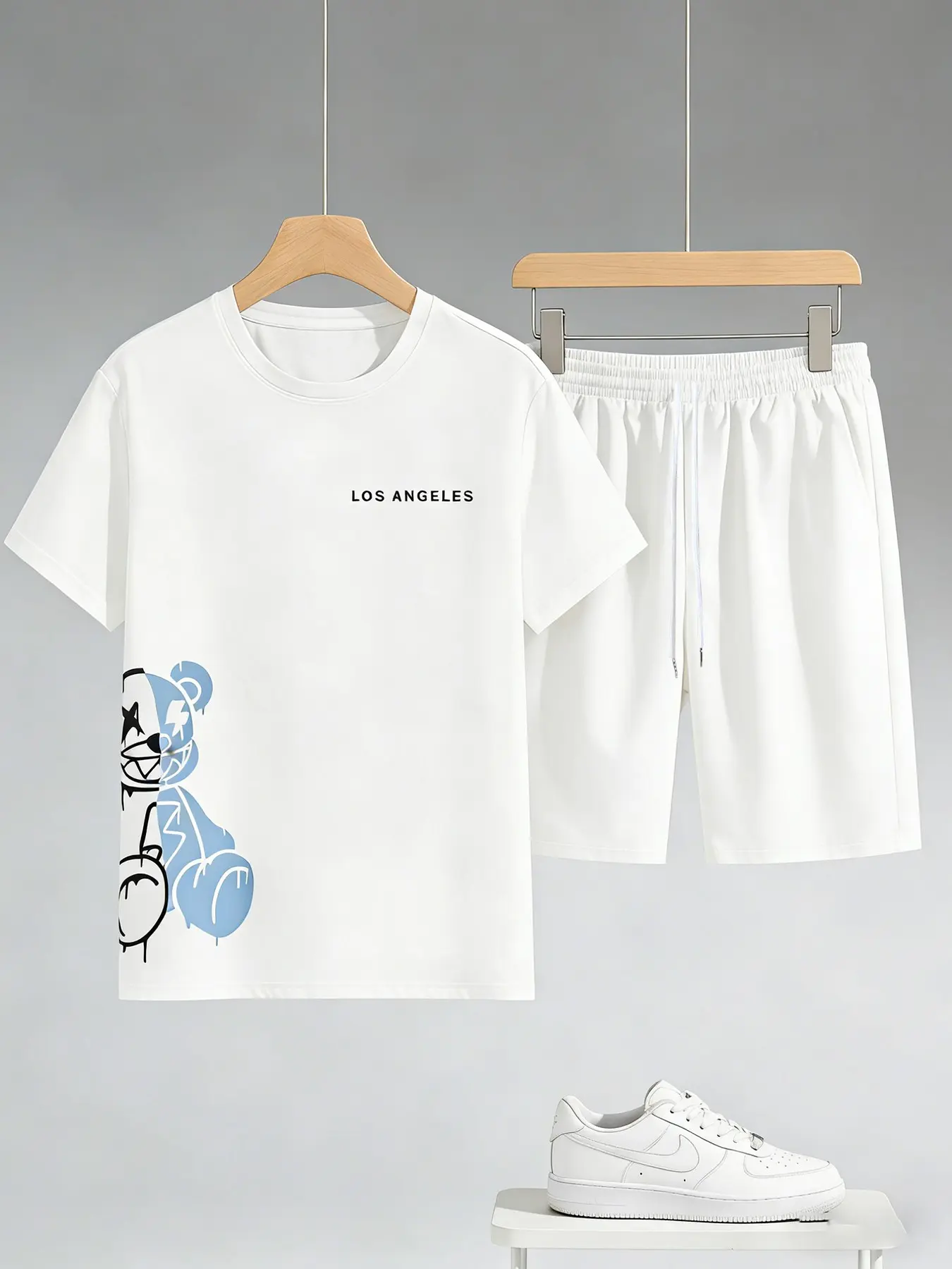 Tiktok Trendy Bear Print Short Sleeve Tee + Shorts Set, Casual Relaxed Fit Pajama Set, Loungewear, Breathable Summer, Unisex Fashion