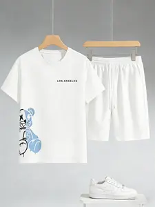 Tiktok Trendy Bear Print Short Sleeve Tee + Shorts Set, Casual Relaxed Fit Pajama Set, Loungewear, Breathable Summer, Unisex Fashion