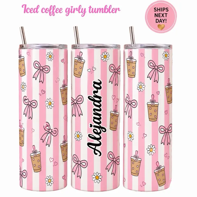Personalized Coquette Iced Coffee Tumbler, Girly Beverage Drinkware