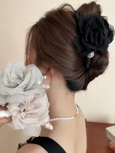 Women's Fabric Mesh Rose Pearl Hair Clip, Flower Hair Clip, Elegant Fashion Accessory, Stylish Women's Jewelry, Perfect Gift Idea