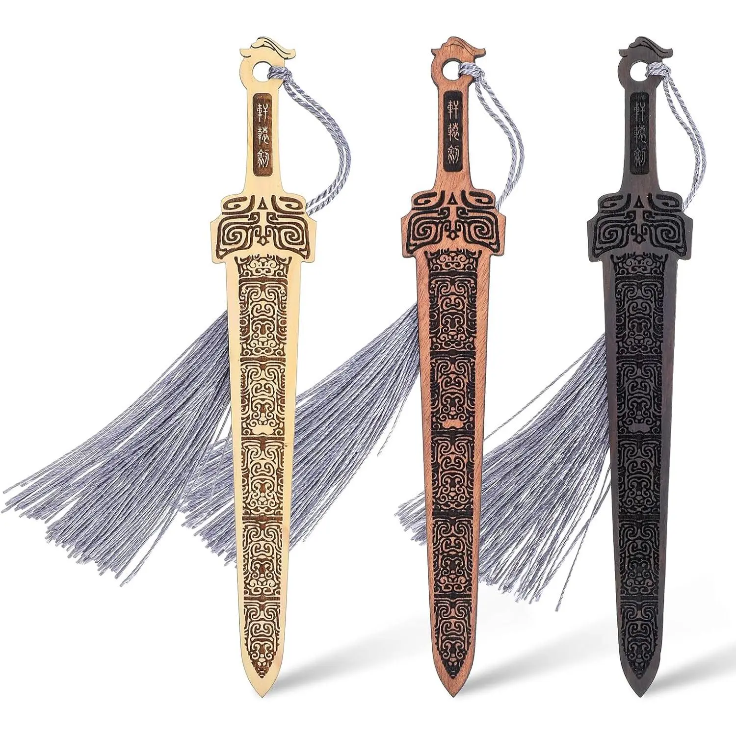 3 count Wooden Sword Bookmark,Cool Bookmarks with Tassel, Book Marks for Reading Men,Book Reading Accessories, for Men Teacher and Student Office School Library Bookstore(Black Brown)