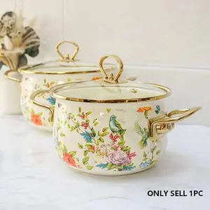 Floral & Bird Pattern Soup Pot with Lid & Handle, Large Capacity Dutch Oven Pot Cooking Pot, Colorful Elegant Kitchen Cookware for Gas Home Dining Room Picnic