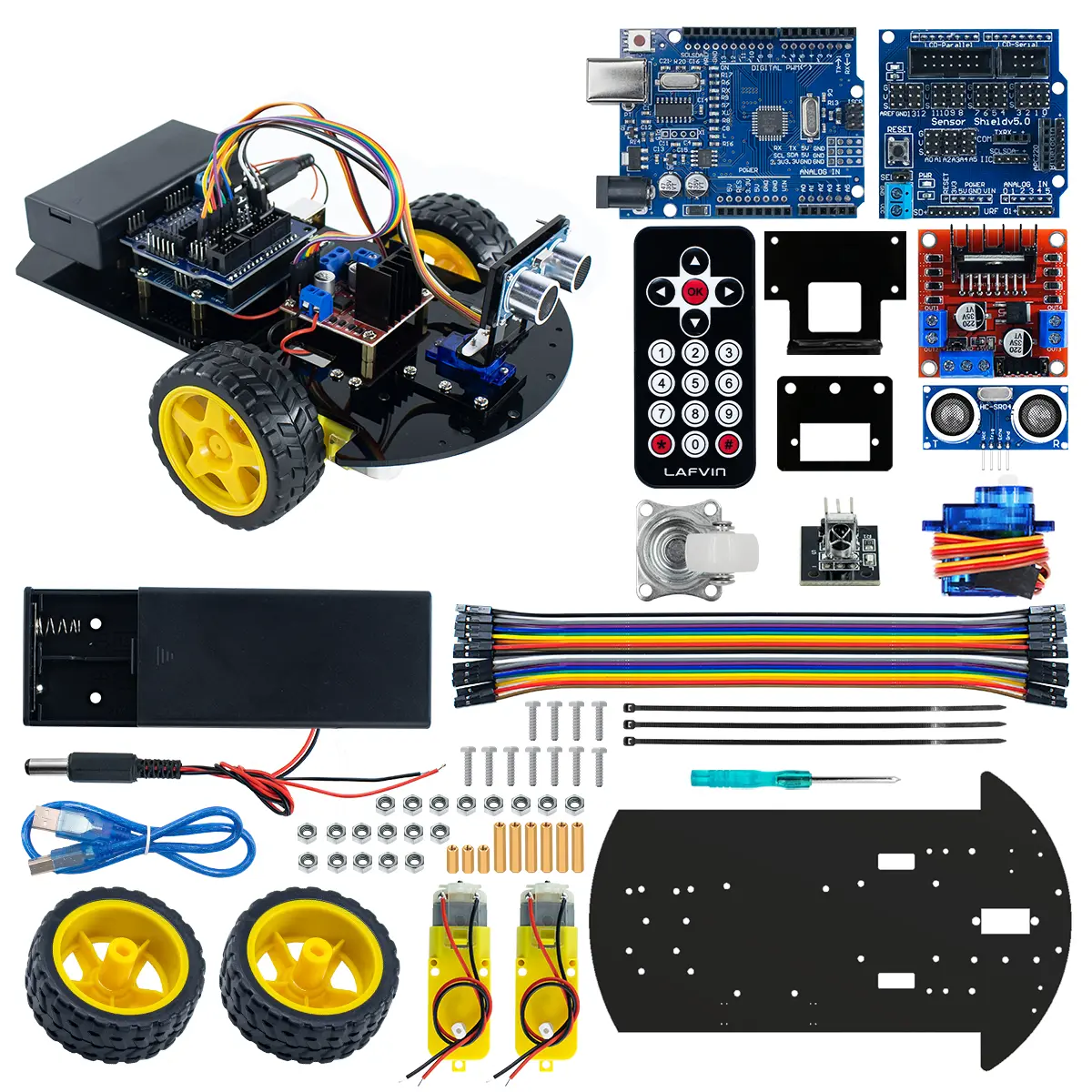 LAFVIN RC Controlled 2WD Smart Robot Car Chassis Kit - Arduino IDE Compatible, with Ultrasonic Module, R3 Board, Remote Compatibility for DIY Electrical Projects