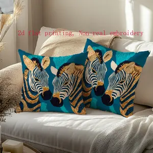 2pcs Zebra Print Pillow Covers, Blue Background, Modern Style, Zipper Closure, Home Decor for Sofa & Bed