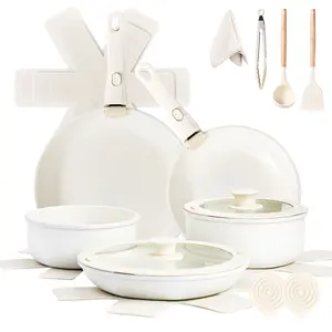 Non Stick 17 Piece Cookware Set Removable Handles Space Saving Aluminum Pots and Pans Microwave and Oven Safe Dishwasher Safe Cream White