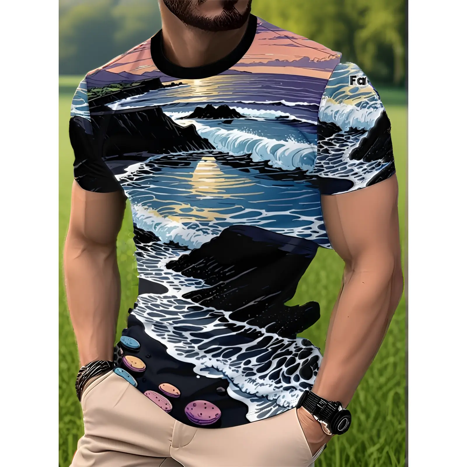 Plus Size Fashion Unisex Printed Beach Scenery Crew Neck T-Shirt - Regular Fit, Washable Fabric, Stylish Versatile Top for Outdoor Sports, Daily Comfort, New Arrival (Sports & Outdoor Clothing)