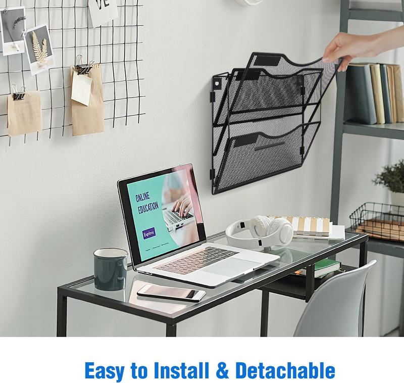 Wall File Organizer 3/5 Pockets, Mail Organizer, Hanging Folder Holder, Foldable | Hanging or Wall Mounted | Label Panel | 2 Hooks | Office Home School Organizer, Black