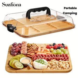 Sunfiona Bamboo Cheese Platter with Safety Buckle And Acrylic Lid - Portable Wooden Tableware, Suitable for Camping, Parties, And Restaurants | Meat Snack And Appetizer Organizer Tray, Festive Hors D'Oeuvre Platter, Stylish Serving Dish