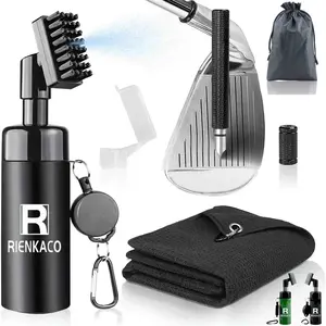 RIENKACO Golf Cleaning Kit Putter-Style Telescopic Club Brush + Microfiber Ball Towel + Groove Scraper Essential Golf Gear Leak-Proof Retractable Buckle with Mountaineering Clip Design Highly Absorbent Towel Ideal Gift Choice