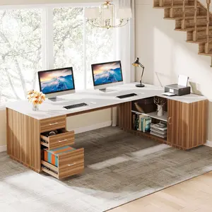 LITTLE TREE 85.8-Inch L-Shaped Executive Desk, Extra Large Modern Office Desk with File Drawers, Door Cabinet & Shelves, Commercial Office Table, Home Business Workstation