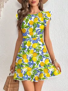 Lemon Blue Floral Ruffle Mini Dress, Women's Fashionable Feminine Short Skirt, Stylish Summer, Perfect for Casual Wear