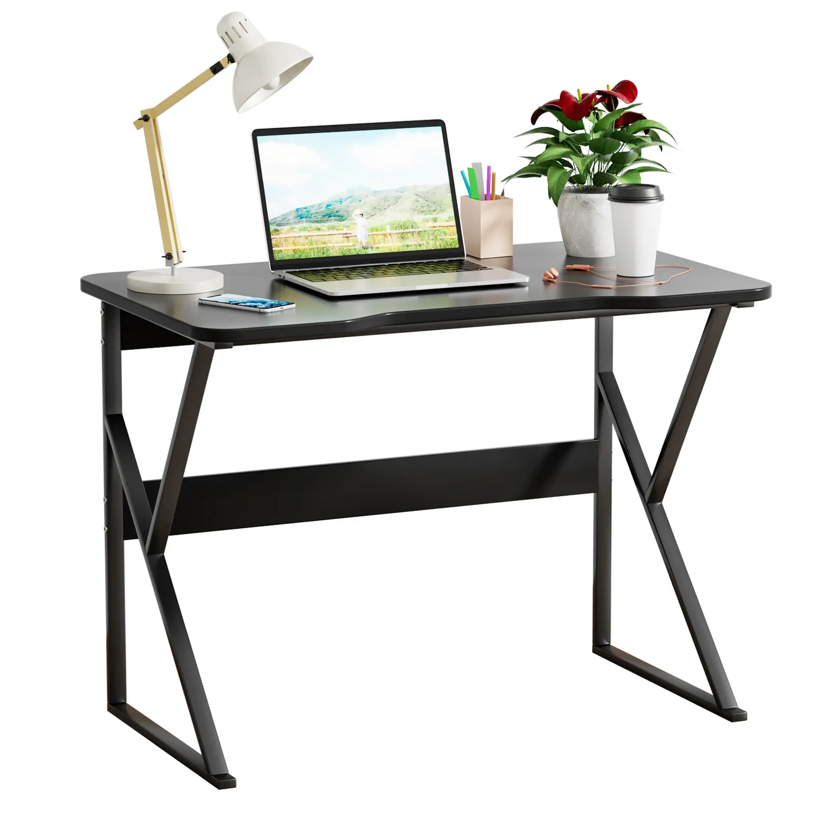 40-Inch Modern Computer Desk with Storage Shelf, U-Shaped Legs - Commercial Home Office Writing Desk for Home Office, Bedroom (Black)