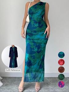 women's graphic print asymmetrical neck  dress, elegant sleeveless split  dress for party holiday wedding guest, ladies summer clothes