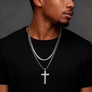 [MANA] 2PCS Hip-Hop Men's 304L Stainless Steel Double-Layer Cross Pendant Necklace Unique Handmade Cross Pendant Chunky Chain Punk Birthdays, Anniversaries, and Valentine's Day, Birthdays Accessory Flat Chain