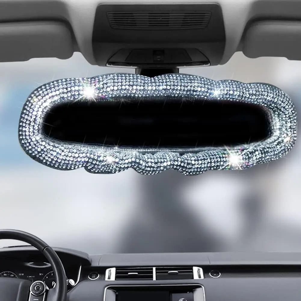 Women's Shining Diamond Bling Stretch-Fit Elastic Plush Rearview Mirror Cover - Universal Fit White Car Ornament, Disassembly and Shrink-Proof Car Accessories Decoration for Girls