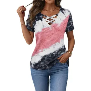 Flamingals Tie Dye Criss Cross V Neck Short Sleeve T-Shirt Womenswear Summer Vibes