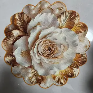 2D flat printing, 2-piece/4-piece/6-piece/8-piece set of elegant milky white gold floral pattern circular placemats, spring Valentine's Day party placemats, coasters, coffee mats, suitable for kitchen and dining utensils accessories