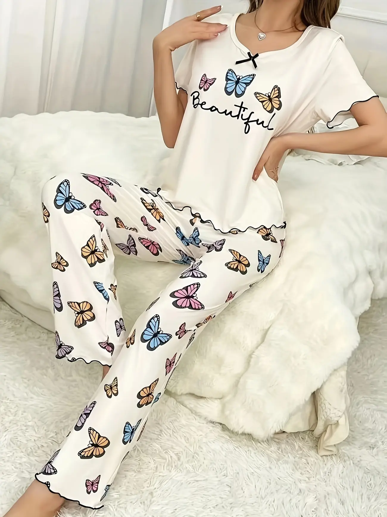 Women's Butterfly & Letter Print Casual Frill Trim Lounge Set, Short Sleeve Round Neck Top & Pants, Comfortable Relaxed Fit - For Women - Perfect for Lounging, Sleepwear & Casual Wear - Ideal Gift for Her