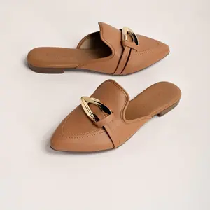 Beira Rio Tan Leather Mules with Gold Buckle - Comfortable & Stylish Slip-On Shoes for Women