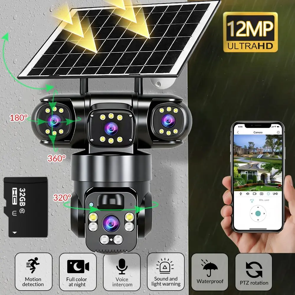 12MP Solar Security Camera - Bullet & PTZ Dual Lens, 360° View, Outdoor WiFi Surveillance with Color Night Vision，Auto Tracking, 2-Way Audio, No Monthly Fee，IP66 Waterproof, 24/7 Remote View 1080p camara