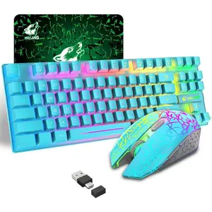 Wireless Gaming Keyboard and Mouse Combo For Computer PC Gamer With 87 Key Rainbow LED Backlight Rechargeable 3800mAh Battery Mechanical Feel Anti-ghosting Ergonomic Waterproof RGB Mute Mice (Blue)