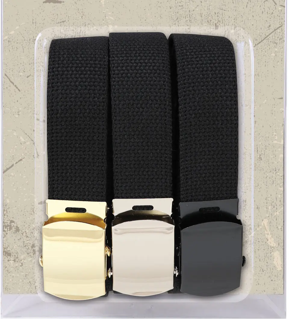 Men's Military Web Belt Set, 3-Pack 100% Cotton Black Straps with Adjustable Slider Buckles in Gold, Chrome & Black, 54-Inch, Black Straps Men's Belts