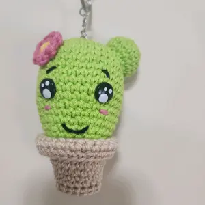 Beautiful captus with flower and pot, hanging keychain for wallet, backpack or car, crocheted, handmade.