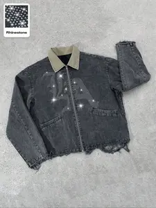 Unisex Casual Street Style cotton Denim Zip Front Jacket with Rhinestone La Letter Print, Fitted Zipper Collar,Suitable for street wear, Y2K Fashion, Perfect for Couples, Denim coat, Denim Jackets