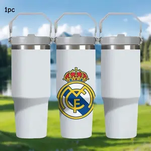 1pc 30oz Royal Madrid Stainless Steel Cup, Vacuum Insulated Double Wall, Leak-Proof Lid & Handle, Reusable Outdoor Camping Mug, Leakproof Insulated Tumbler