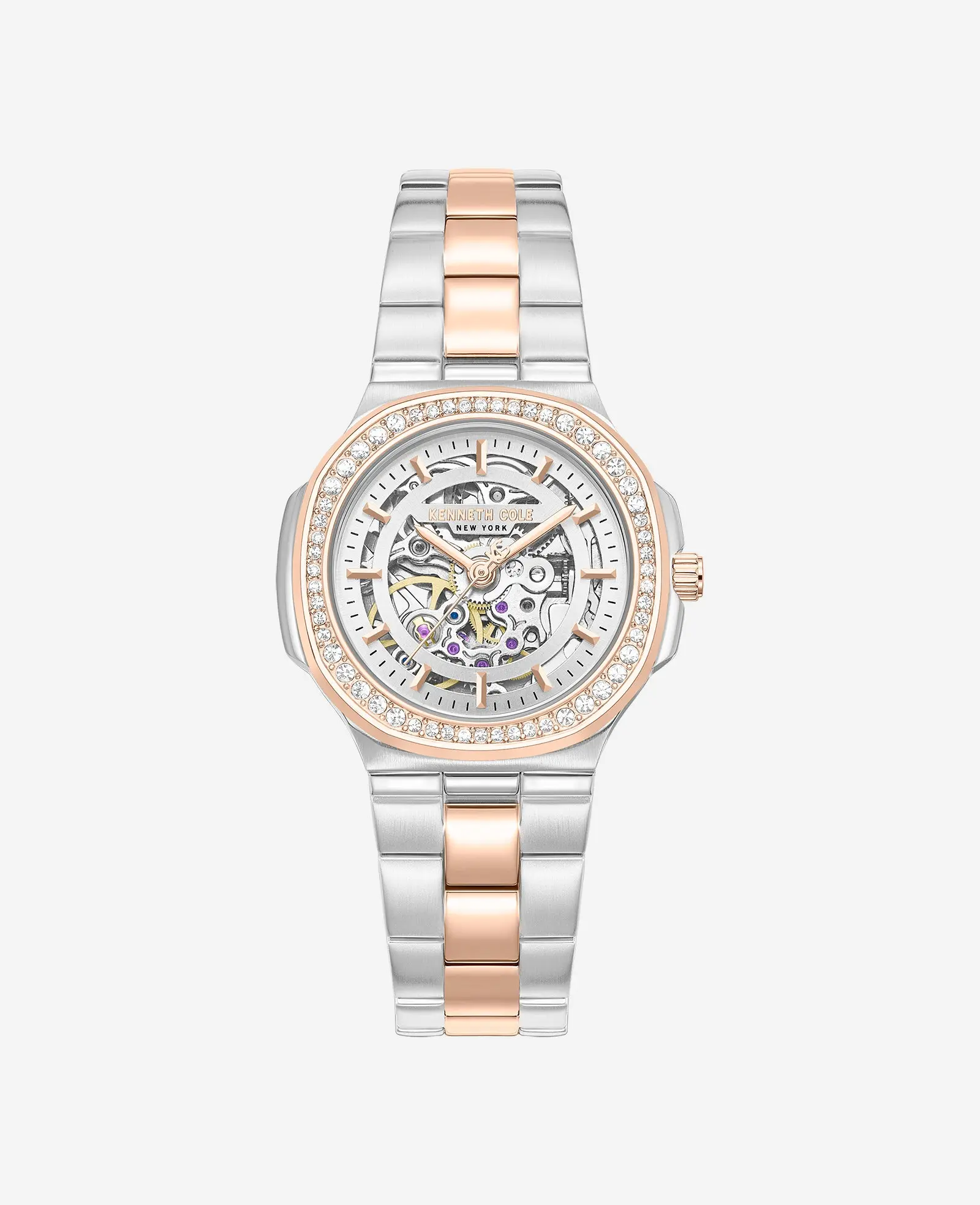 Skeleton Automatic Crystal Lined Outer Dial Two Tone Bracelet Watch