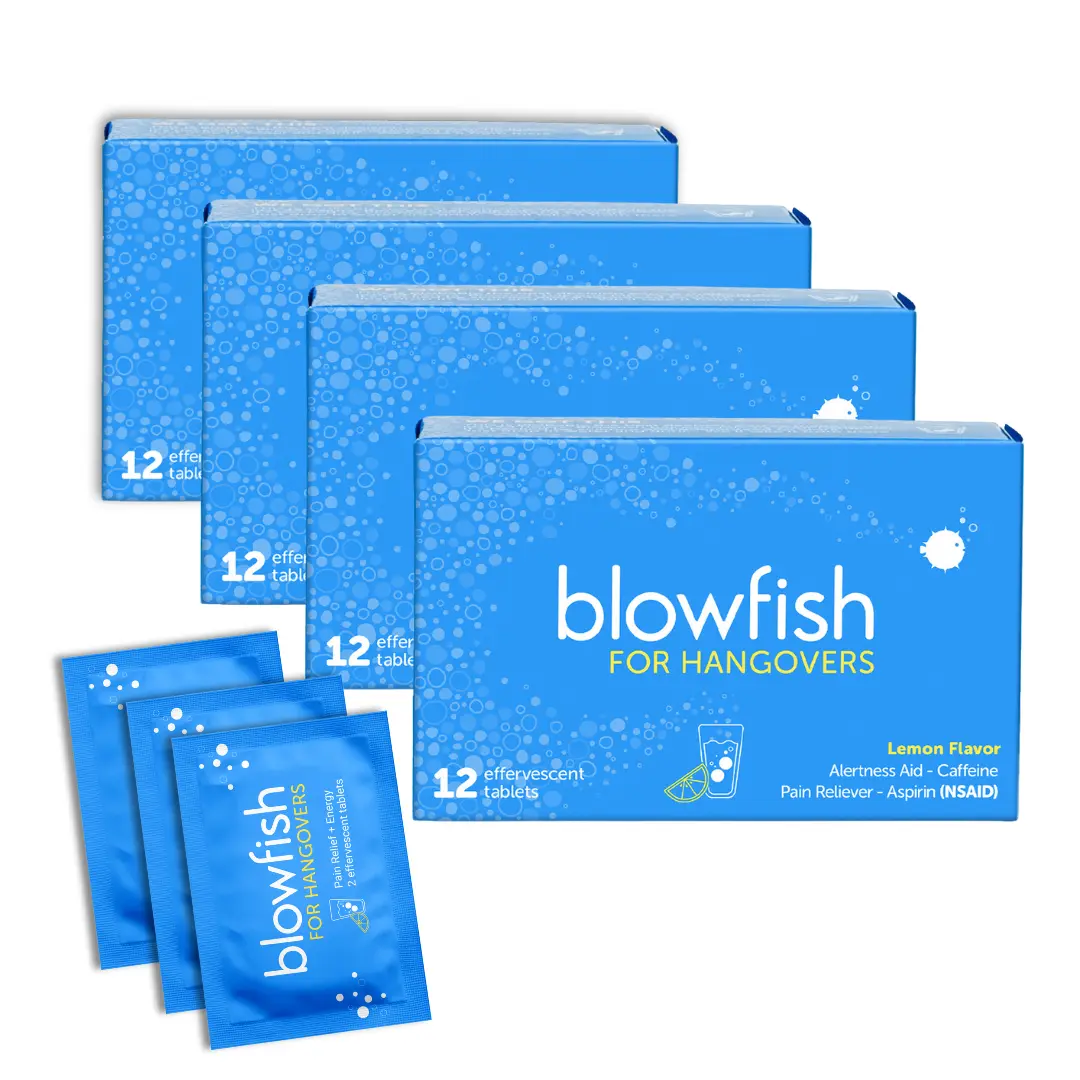 Blowfish Four Box Bundle - 4 Boxes of 12 Envelopes of the Fizzy Morning Fixer for Bachelor and Bachelorette Parties, Cruises, Travel Nsaid Lemon Flavor