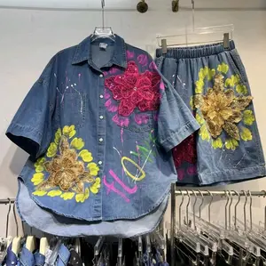 Womenswear Denim Set with Embroidered Flowers and Sequins - Short Sleeve Shirt and Matching Shorts