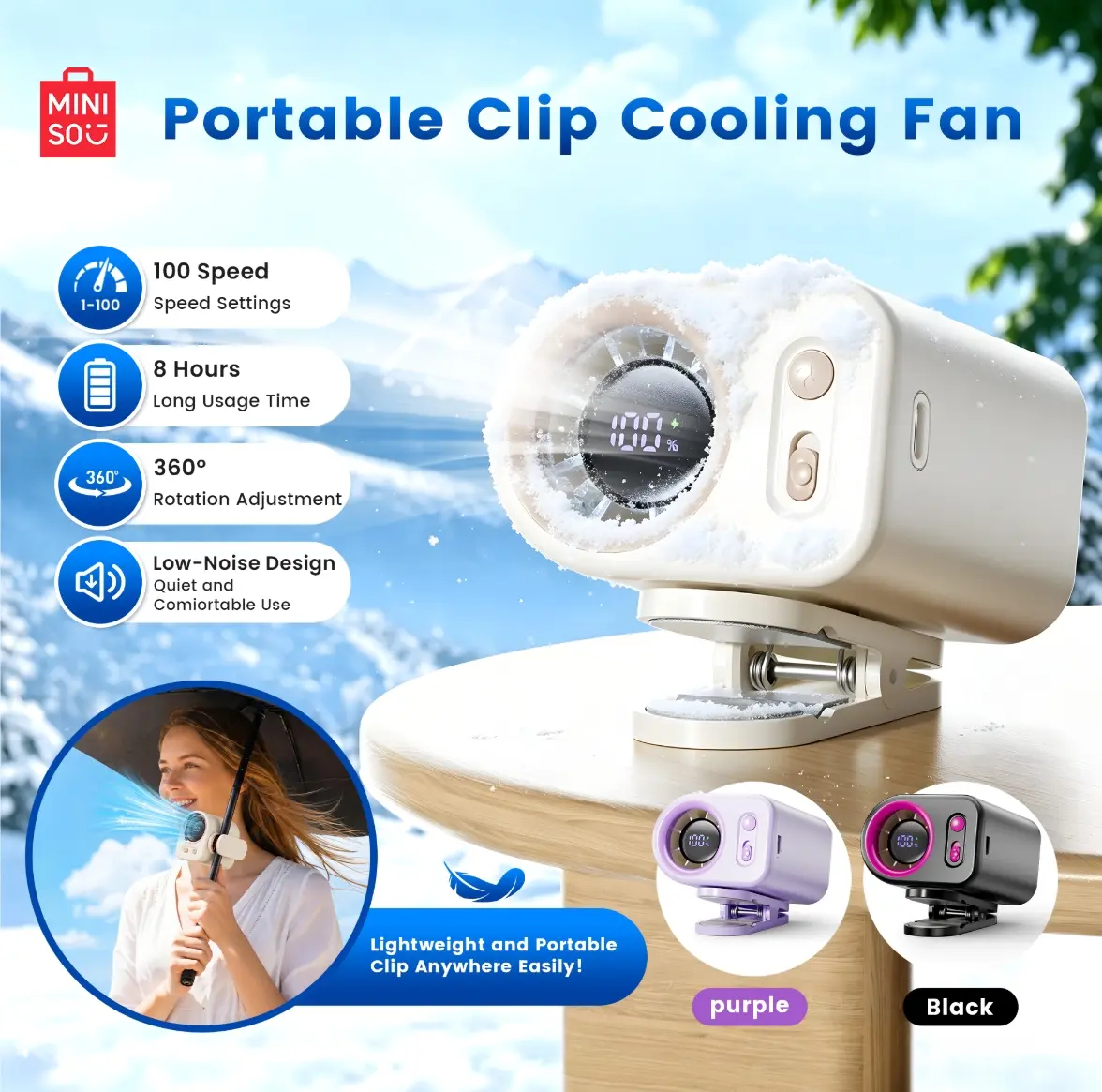 Miniso Clip-Type Portable Fan 3000mah Battery, 19500 RPM,360° Rotatable, Handheld, Desktop, Clasp Three In One, Outdoor/Indoor Compatible, Low Noise, Strong Wind Force, Smart Screen Display, Anti Slip Switch Lock, Ice cooling minicooling Adjustable