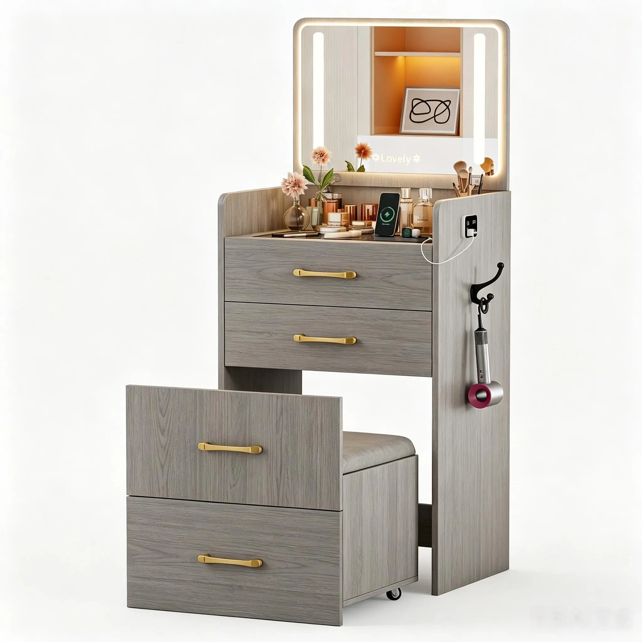 Garvee 3-in-1 Mini Makeup Vanity Desk Set in Gray with LED Mirror and Lights, Featuring 3 Drawers for Bedroom or Apartment Use, Combining Compact Design and Functional Storage