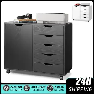 5 Drawer Mobile File Cabinet, Wood Lateral Filing Cabinet, Printer Stand with Open Shelves for Home Office A 5-layer wooden filing cabinet with adjustable shelves and wheels, suitable for home offices