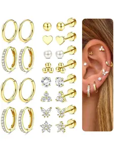 Hypoallergenic Gold Plated Stud Hoop Earrings for Women Men Surgical Stainless Steel Flat Back Earrings Small Huggie Hoops Cartilage Earring Set for Multiple Piercing Jewelry Gift for Women Studs Earrings