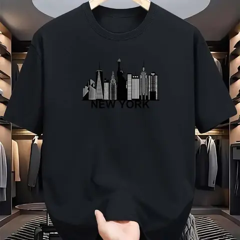 Men's 100% Skin-Soft Cotton Casual Fitted Round Neck Short-Sleeve Tshirt - Light Blue, All-Over Print Fadesafe New York City Skyline, Cool Airflow, Sturdy Stitching, Breathable Sohochic Menswear Top, Classic Silhouette, Lightweight