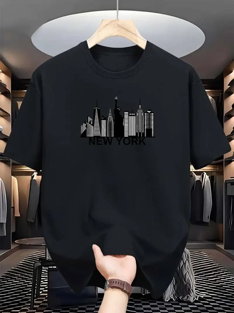 Men's Graphic T-Shirt, Casual New York City Skyline Print Tee, Light Blue Short Sleeve Top in 100% Cotton, Breathable with Durable Stitching, Shortsleeve, Tshirt, Men's T Shirts