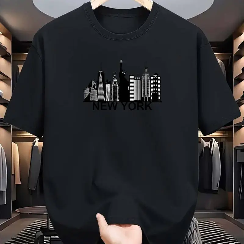 Men's 100% Skin-Soft Cotton Casual Fitted Round Neck Short-Sleeve Tshirt - Light Blue, All-Over Print Fadesafe New York City Skyline, Cool Airflow, Sturdy Stitching, Breathable Sohochic Menswear Top, Classic Silhouette, Lightweight