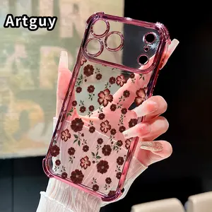 Burgundy Blooms Pattern Phone Case for iPhone 17 Pro Max 16 15 Plus Air 14 13 12 11 E Electroplated Four-Corner Anti-Fall Protection Cellphone Cover
