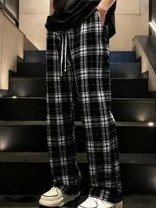 Men's Stretch Waist Loose Plaid Casual Pants Spring AndAutumn Autumn Menswear Stylish Menswear Stylish BlackGray Checked