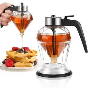 No-Drip Glass Honey Dispenser with Plastic Stand - Diamond Shaped Honey Stand and Syrup Dispenser for cooking - Bee Decorative Honey Storage Jar, Glass Syrup Dispenser for Honey, Syrup - 8 oz-glass food containers for kitchen,best gift